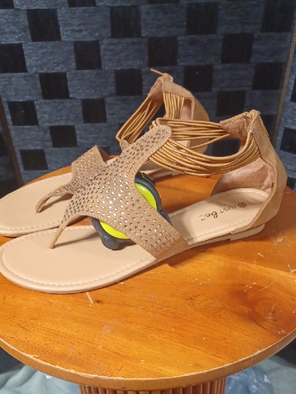 just be Tan Rhinestone T-Strap Sandals